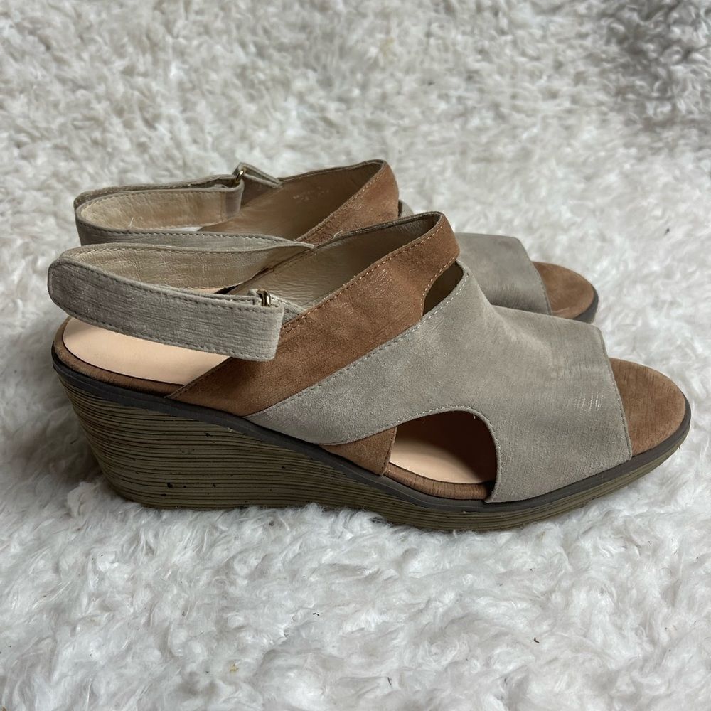 Sachs London Bastian khaki and tan wedge ankle strap sandals size 8